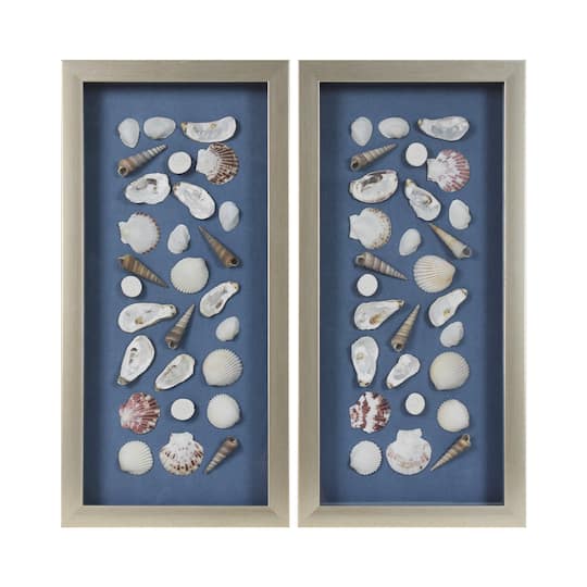 American Art Decor 18" x 9" Blue Linen Coastal Mixed Seashell Shadowbox Framed Wall Art Décor Set